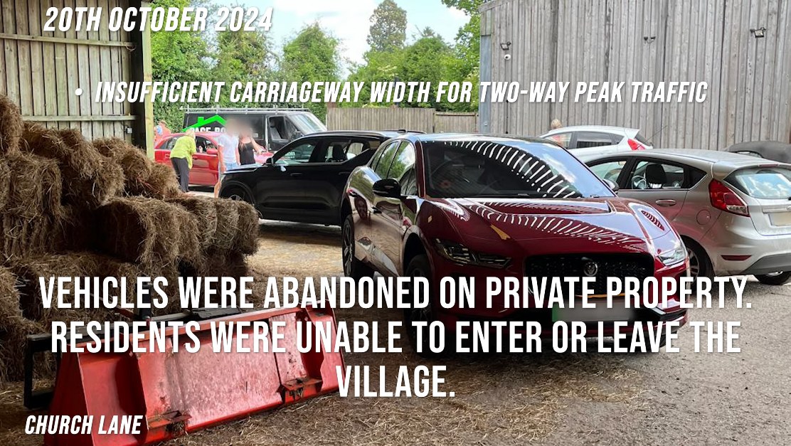 Church Lane, 20 October 2024: cars left inside a private farm barn beside hay bales after a crash on the B3006, when residents were unable to enter or leave the village.