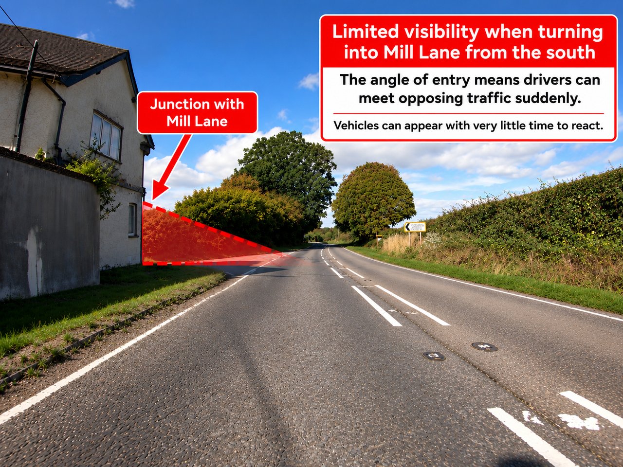 The B3006 approaching the Mill Lane junction from the south: the junction is hidden behind a building and hedgerow, shown by a red visibility overlay. Drivers turning in can meet opposing traffic suddenly, with very little time to react.