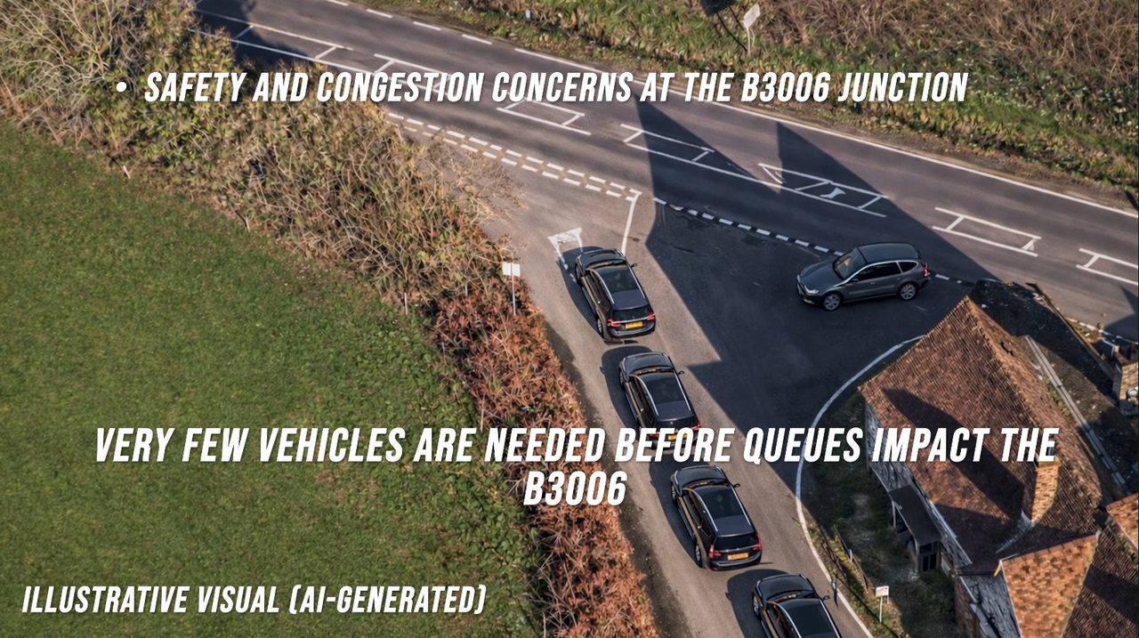 Illustrative AI-generated aerial visual showing a queue of cars on Mill Lane extending back towards the B3006 junction.