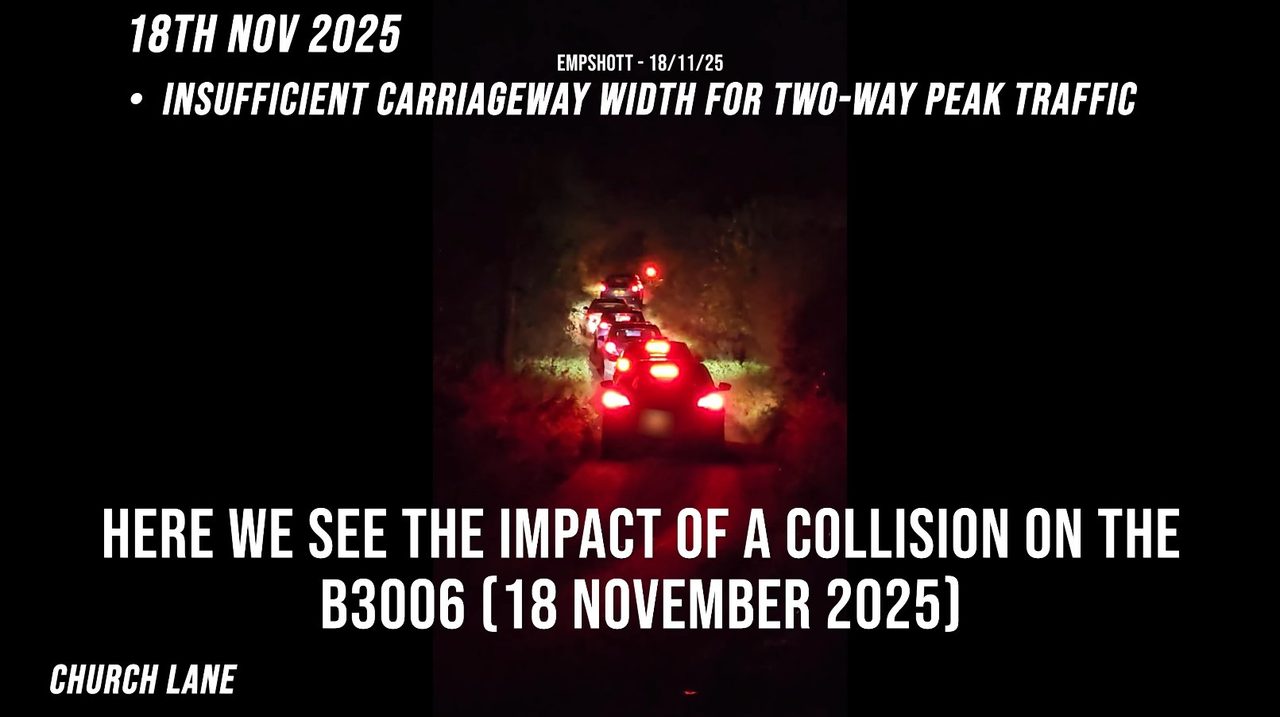 At night, 18 November 2025: a queue of cars with brake lights illuminated, backed up after a collision on the B3006.