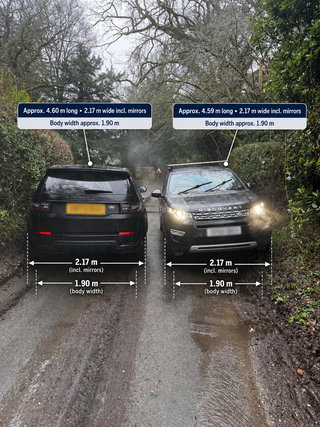The same two vehicles seen from the other direction, looking south towards Empshott Grange, with wheels up on the banks either side of the lane.