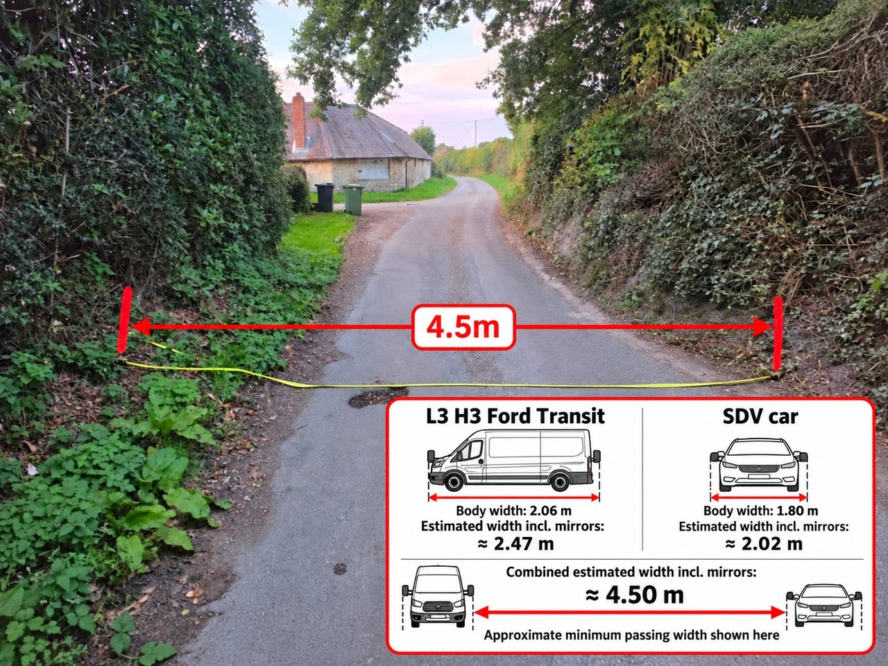 For comparison, a lane measured at 4.5 m — roughly the minimum width for a Ford Transit (about 2.47 m with mirrors) and a car (about 2.02 m with mirrors) to pass.